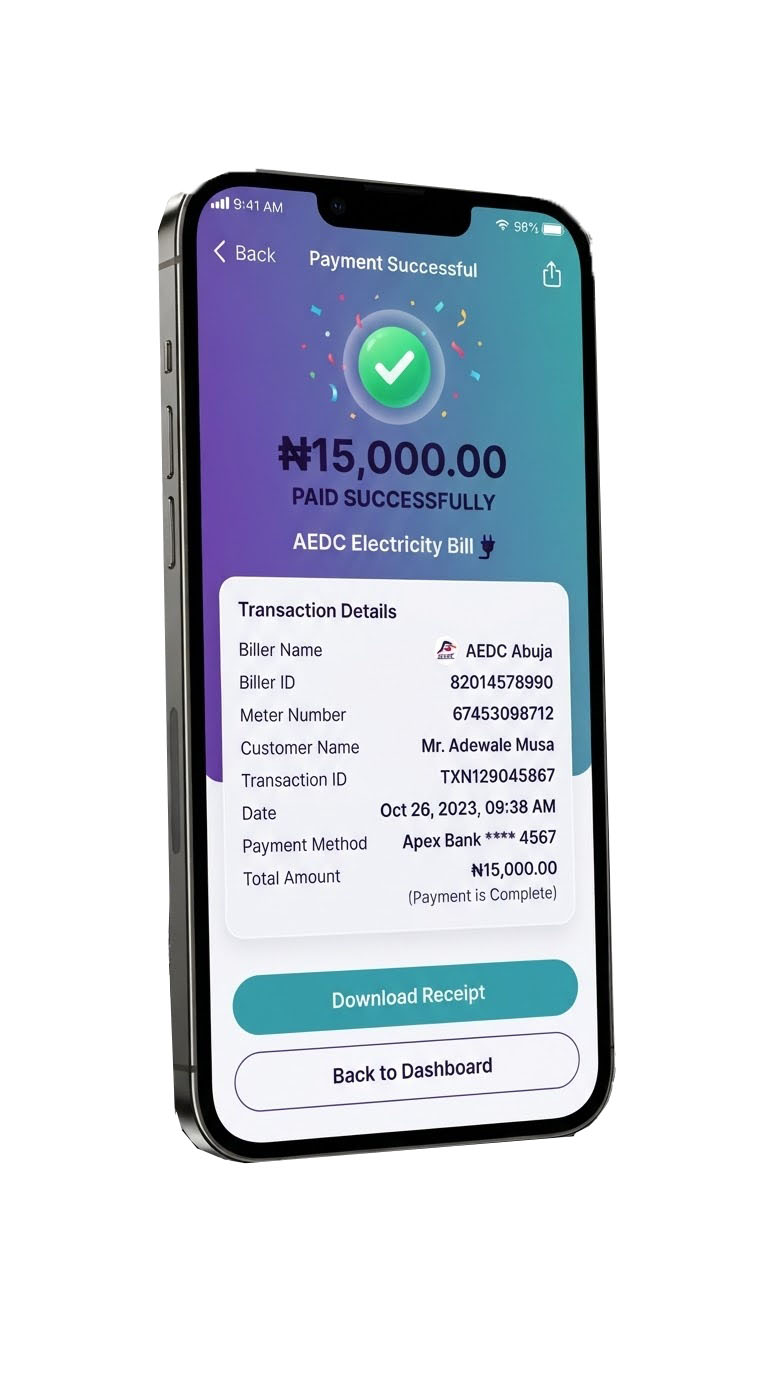 KobPay app screen showing a successful electricity bill payment confirmation